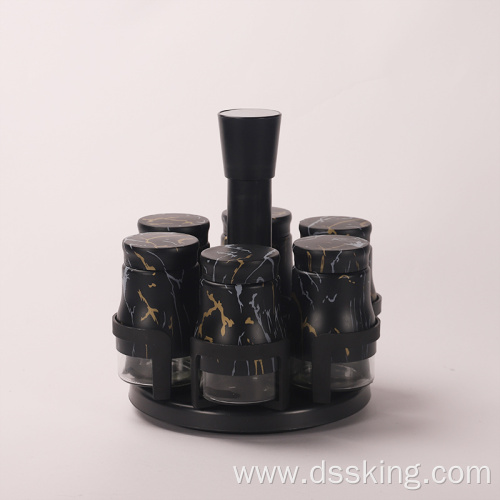 Matte black marble grain rotatable glass seasoning jar 6-Piece set irregular shape glass milk bottle 200ml